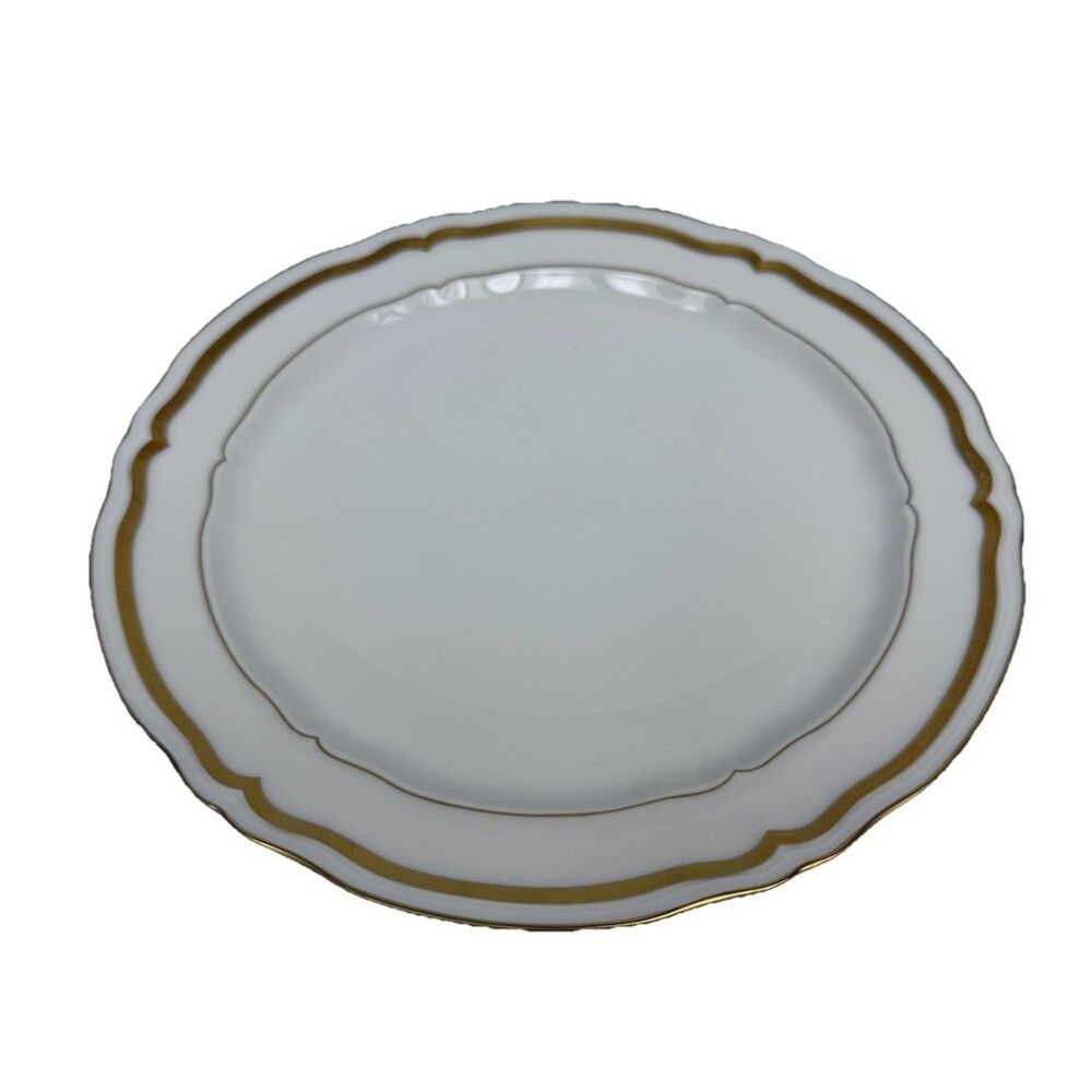 Raynaud White Limoges Dinner Plate 10.75" Gold Band Scalloped Rim France Rococo